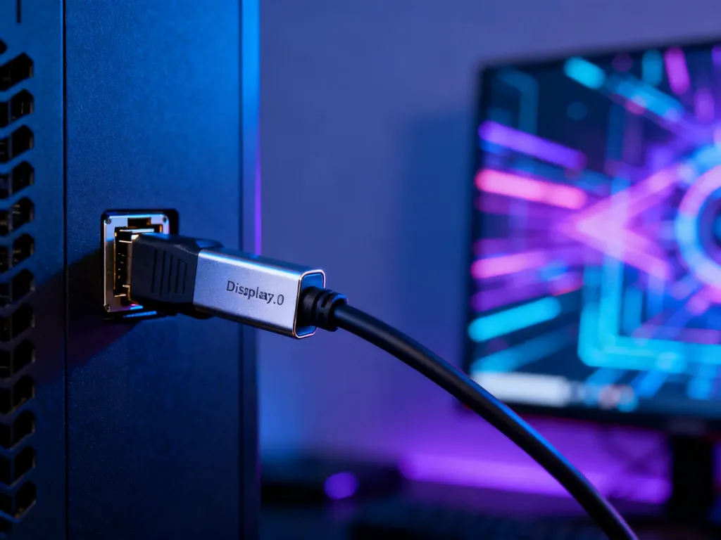 Zbliżenie na nowoczesny kabel DisplayPort 2.0 podłączony do karty graficznej, podkreślające wysoką jakość przesyłu obrazu.