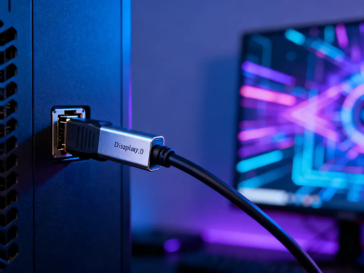 Zbliżenie na nowoczesny kabel DisplayPort 2.0 podłączony do karty graficznej, podkreślające wysoką jakość przesyłu obrazu.