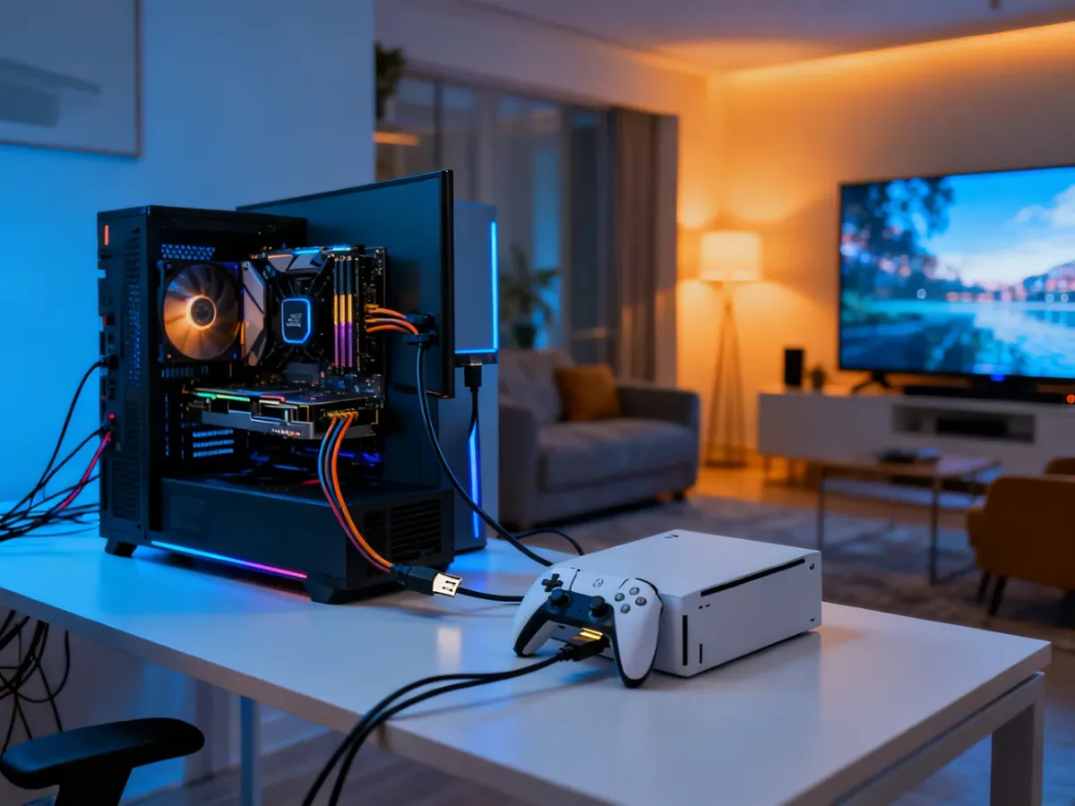 Zestaw gamingowy z komputerem podłączonym przez DisplayPort i konsolą połączoną z telewizorem przez HDMI