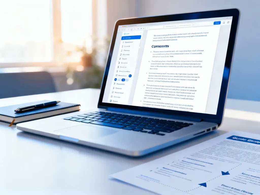 Laptop z otwartym dokumentem i automatycznym spisem treści na ekranie, ilustrujący proces formatowania tekstu.