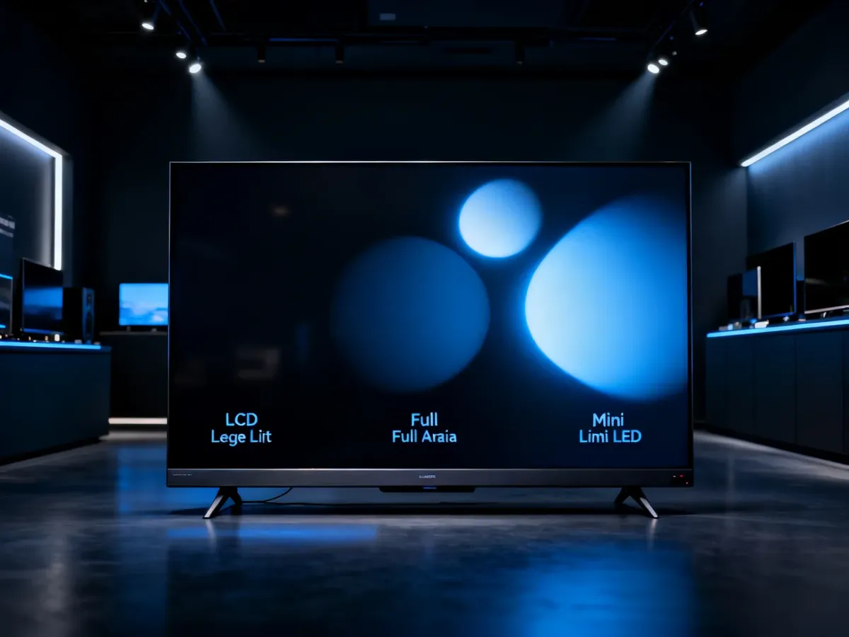Telewizor LCD z różnymi strefami podświetlenia LED w ciemnym pomieszczeniu