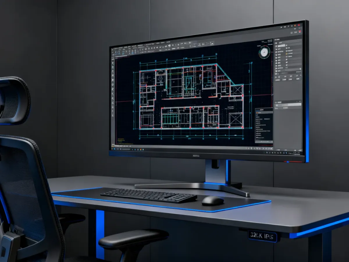 Monitor 4K IPS wyświetlający szczegółowy projekt CAD na ergonomicznym biurku