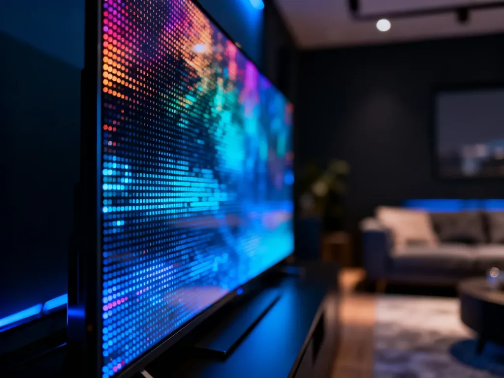 Zbliżenie na panel OLED prezentujący głęboką czerń i nasycone kolory w nowoczesnym kinie domowym.