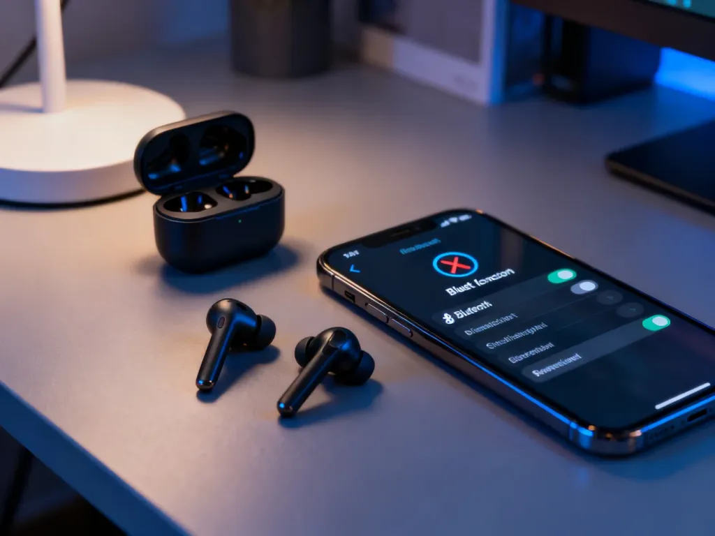 Słuchawki bezprzewodowe obok smartfona z widocznym błędem połączenia Bluetooth na ekranie, ilustrujące problem z parowaniem.