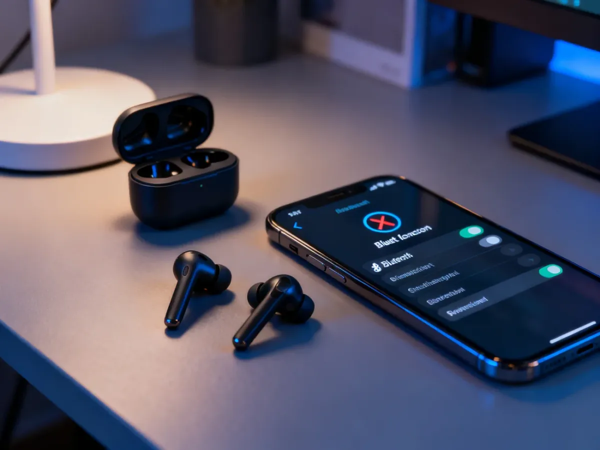 Słuchawki bezprzewodowe obok smartfona z widocznym błędem połączenia Bluetooth na ekranie, ilustrujące problem z parowaniem.