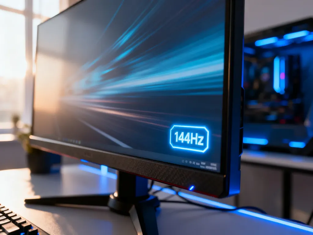 Monitor gamingowy z płynnym obrazem i podświetleniem LED, ilustrujący wysoką częstotliwość odświeżania 144 Hz.