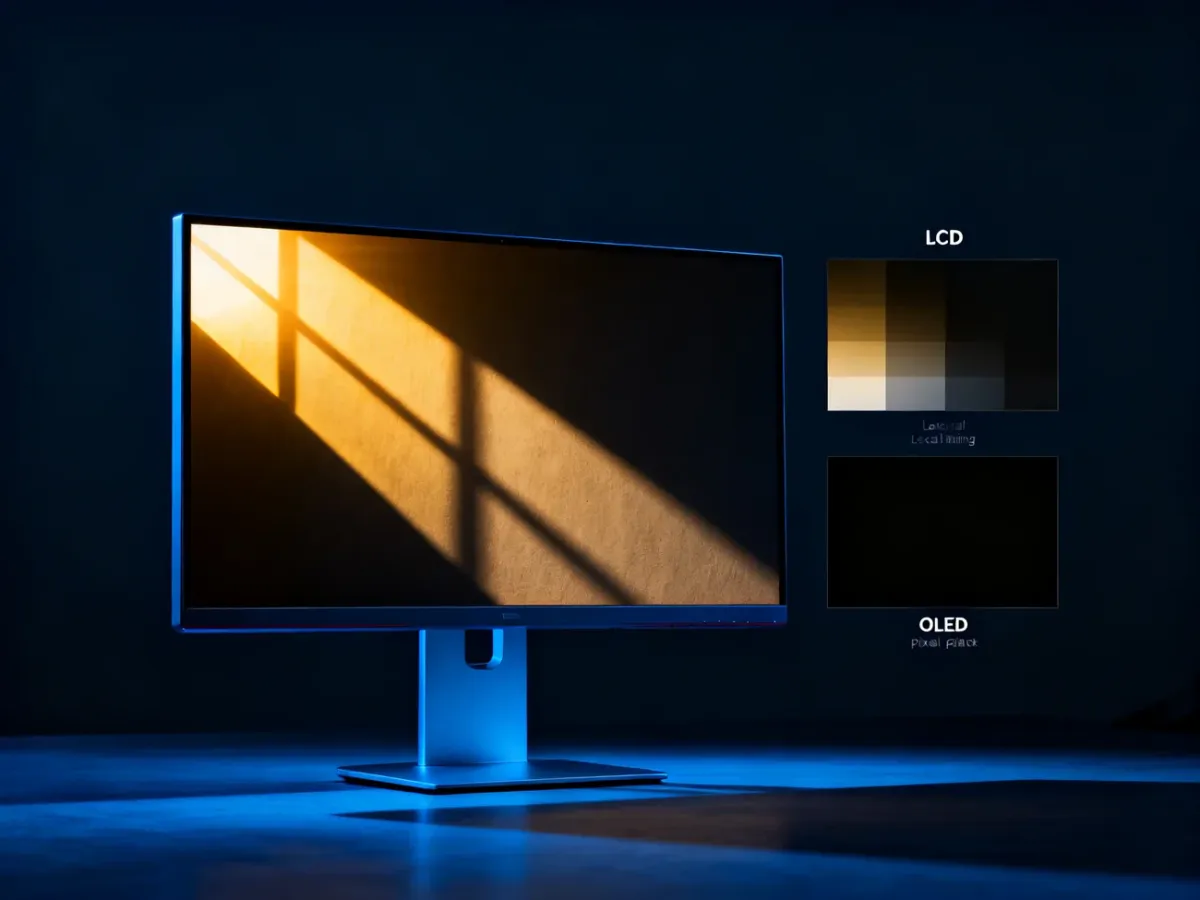Monitor HDR pokazujący jasne światła i głębokie cienie obok technologii lokalnego wygaszania i OLED