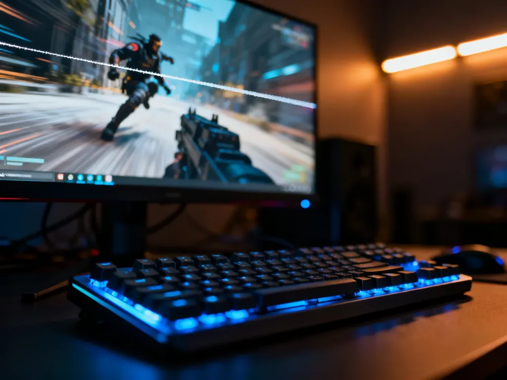 Monitor gamingowy z widocznym efektem rozrywania obrazu (screen tearing) podczas dynamicznej rozgrywki.