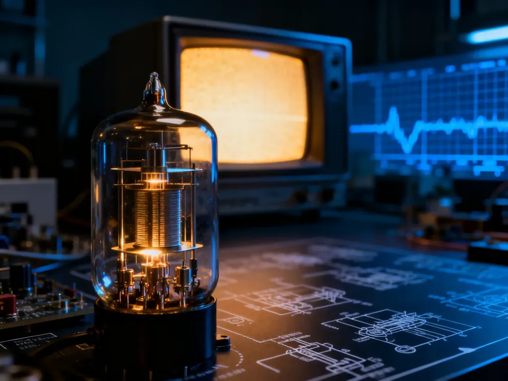 Zbliżenie na szklaną strukturę lampy oscyloskopowej z widocznymi elementami działa elektronowego i płytkami odchylającymi.