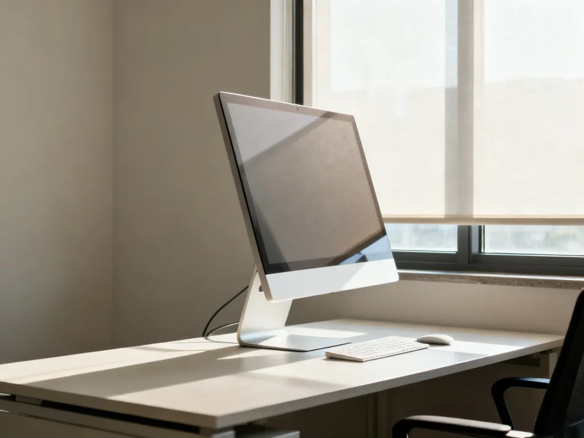 Monitor ustawiony bokiem do okna, bez odblasków na ekranie