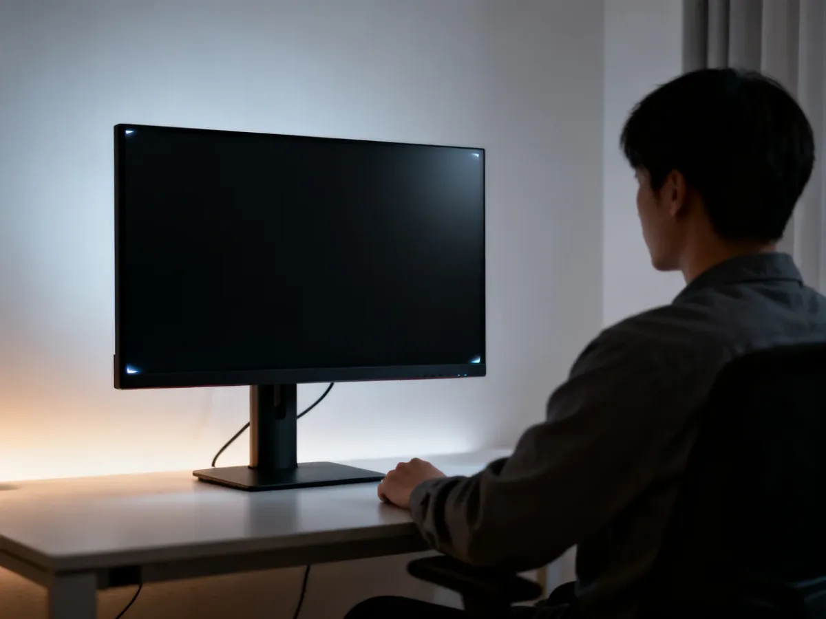 Testowanie monitora LCD na czarnym tle w zaciemnionym pomieszczeniu