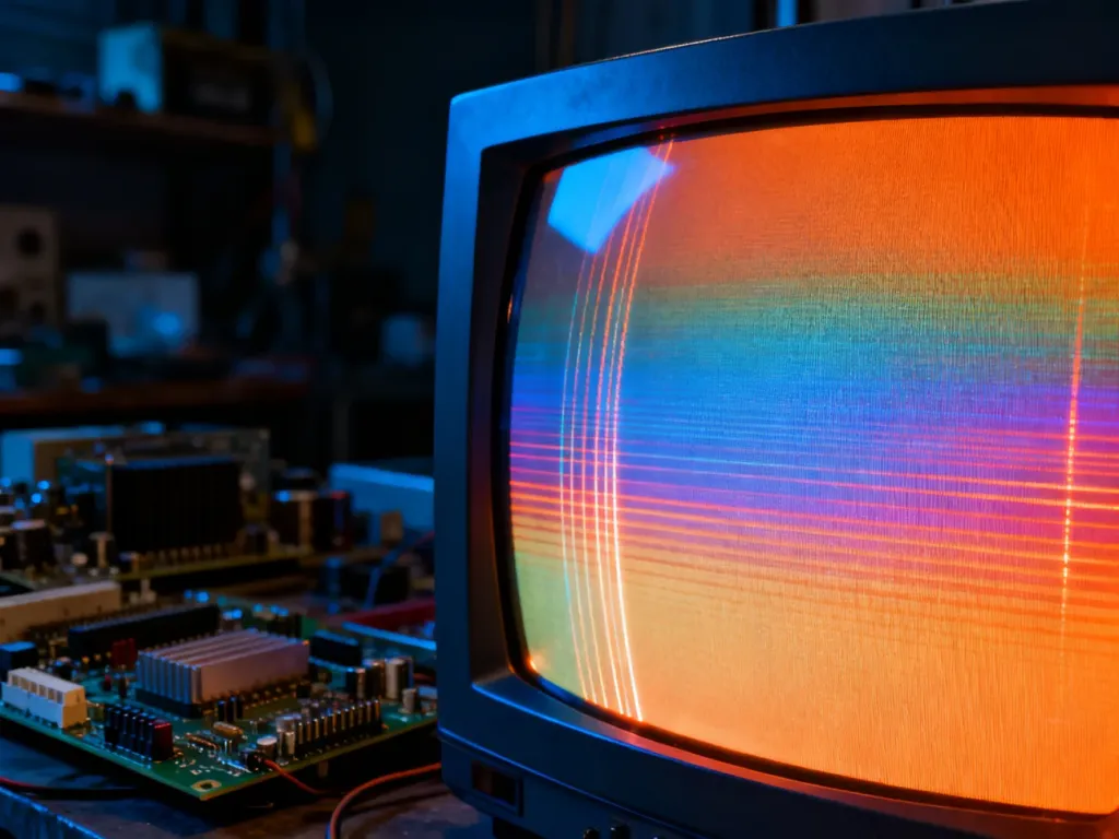 Zbliżenie na ekran monitora CRT ukazujące kolorową strukturę luminoforu oraz charakterystyczne linie skanowania.