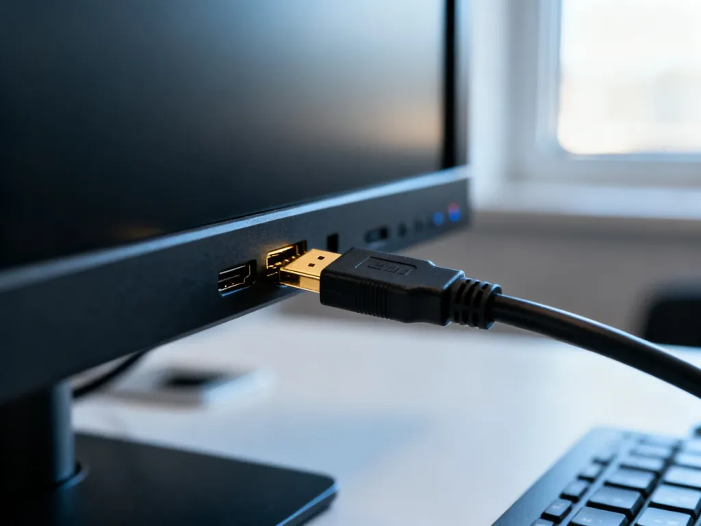 Złącze kabla HDMI wsuwane do portu w nowoczesnym monitorze. Ilustracja procesu podłączania ekranu do komputera.