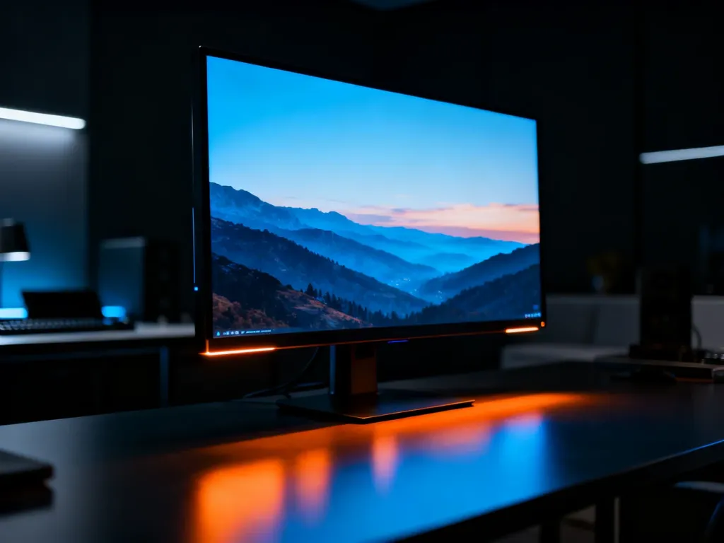 Profesjonalny monitor wyświetlający kinowy krajobraz z głęboką czernią i intensywnymi detalami w technologii HDR.