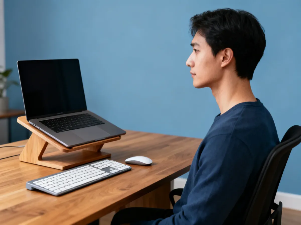 Prawidłowo ustawiony laptop na podstawce z zewnętrzną klawiaturą i myszą