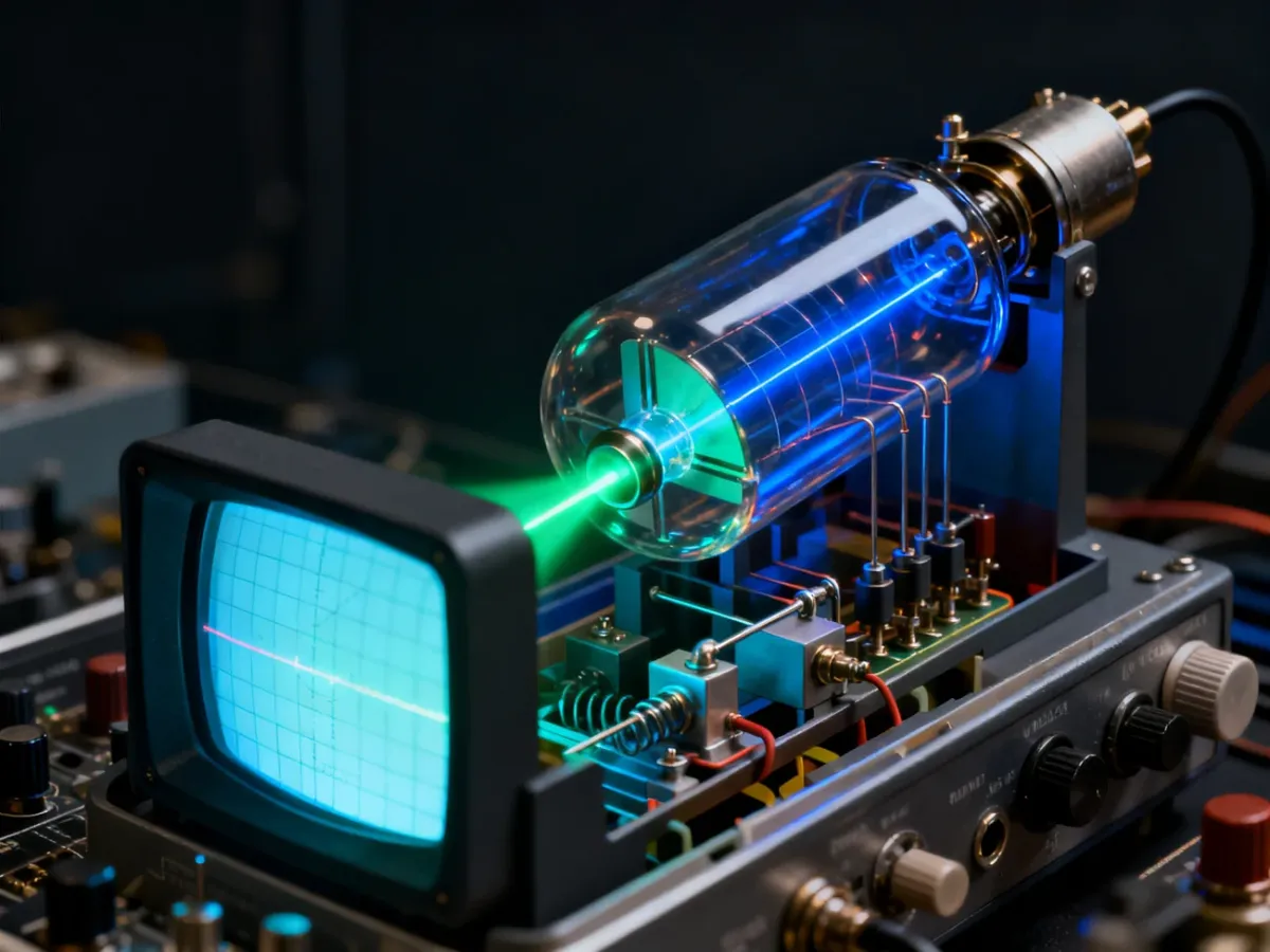 Przekrój lampy oscyloskopowej z działem elektronowym, wiązką elektronów i ekranem luminoforowym