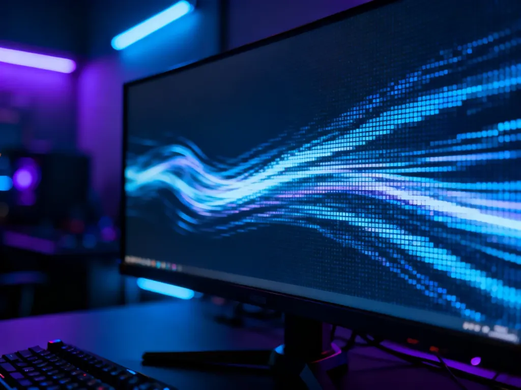 Zbliżenie na ekran monitora gamingowego z płynnym smugami światła, obrazujące wysoką płynność odświeżania 240 Hz.