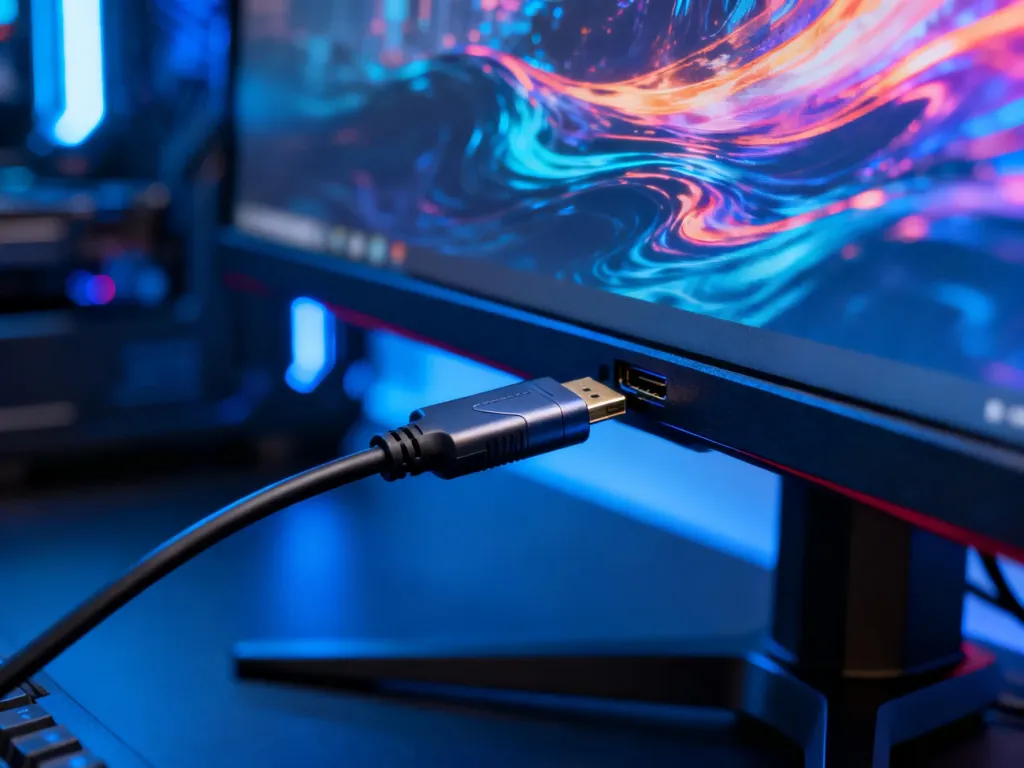 Nowoczesny monitor gamingowy z podłączonym kablem HDMI, prezentujący płynną i kolorową grafikę w grze.