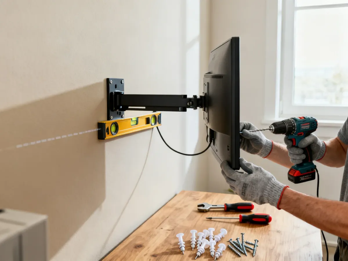 Person installing a monitor wall bracket with a spirit level