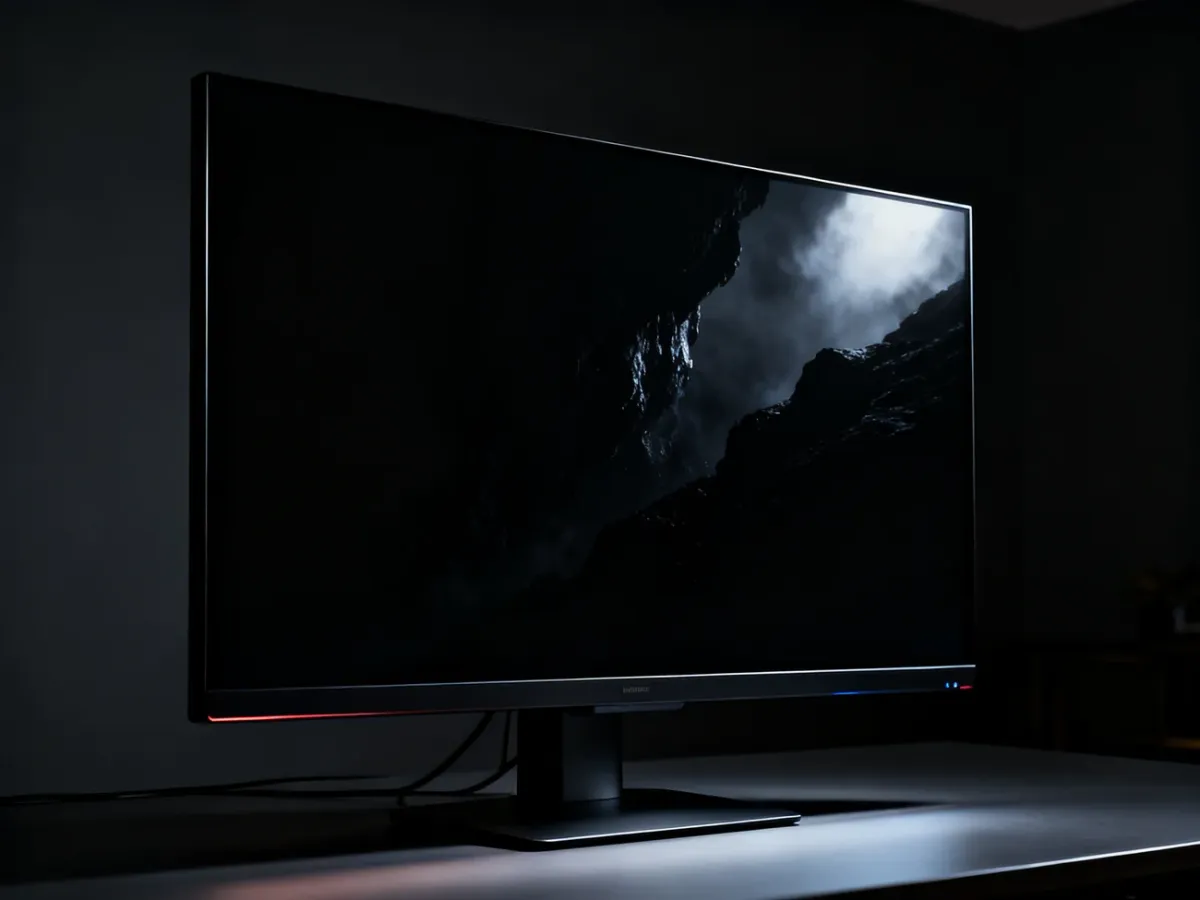 Monitor OLED wyświetlający ciemną scenę o głębokiej czerni i jasnych detalach