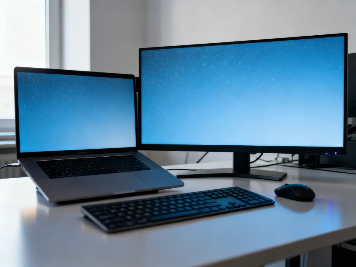 Laptop z zewnętrznym monitorem skonfigurowanym jako rozszerzony ekran