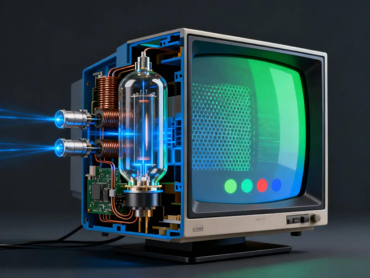 Przekrój kolorowego kineskopu CRT z działami elektronowymi, cewkami, maską i luminoforem