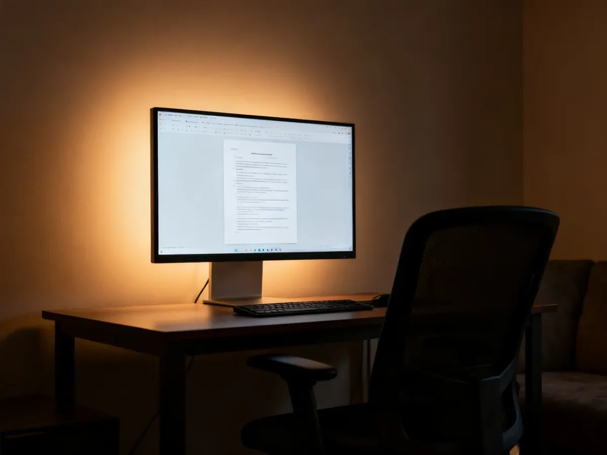 Monitor używany wieczorem przy delikatnym świetle za ekranem
