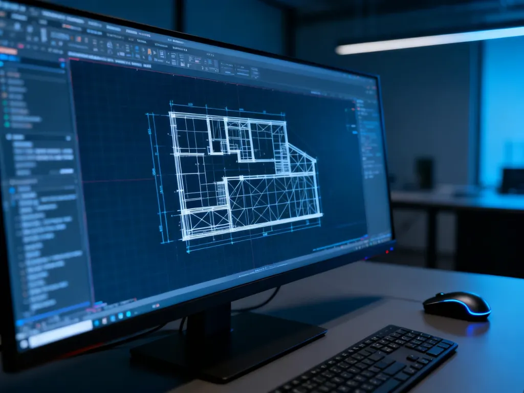 Profesjonalny monitor panoramiczny wyświetlający szczegółowe projekty architektoniczne 2D i modele 3D w programie CAD.
