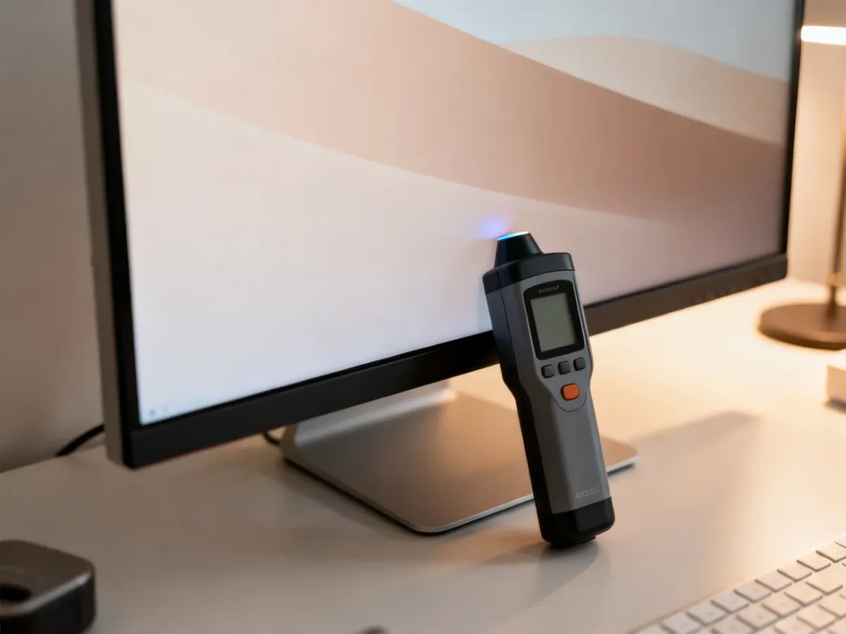 Kalibrator przy monitorze wyświetlającym płynny gradient kolorów