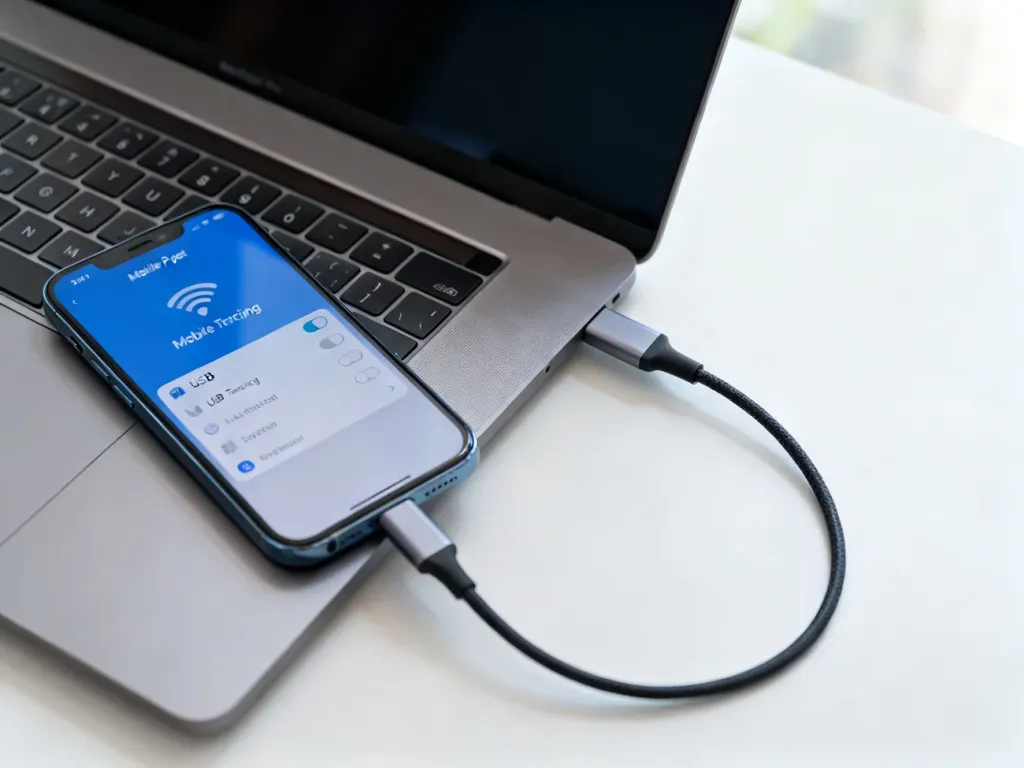 Smartfon podłączony kablem USB do laptopa z widocznym ekranem ustawień udostępniania internetu.