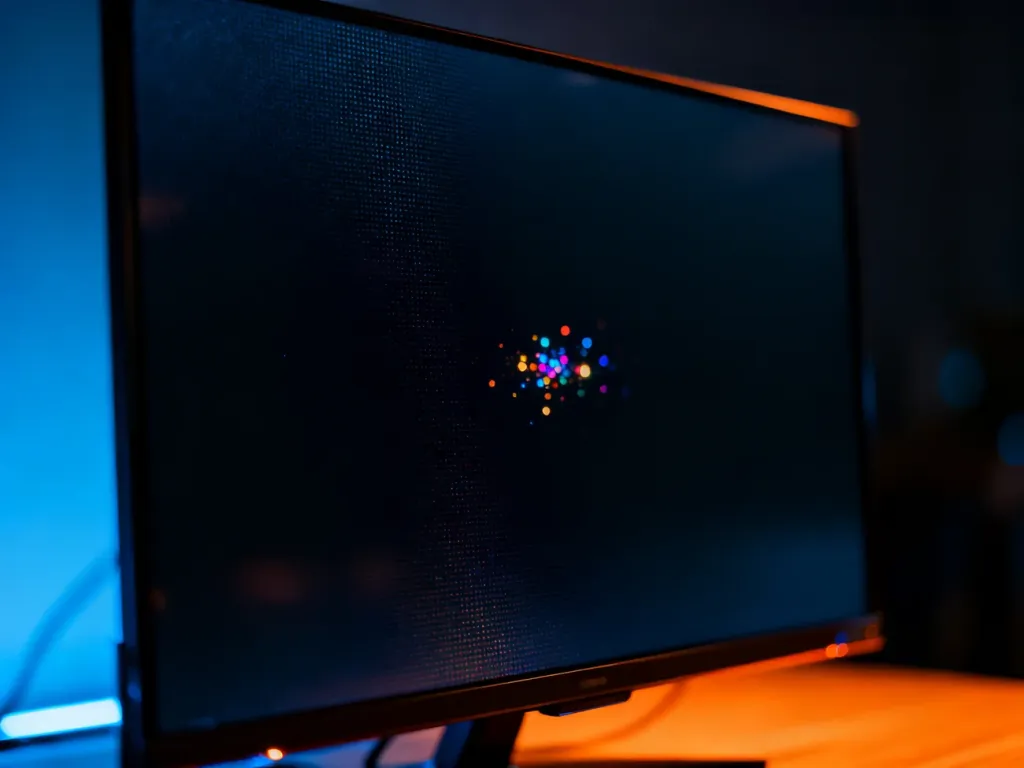 Zbliżenie na ekran telewizora z głęboką czernią i kolorowymi drobinkami, obrazujące precyzję technologii OLED.
