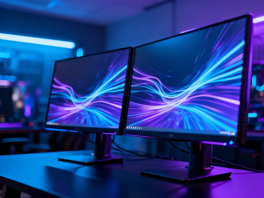 Dwa nowoczesne monitory gamingowe z płynną grafiką, obrazujące zalety technologii G-Sync i FreeSync.
