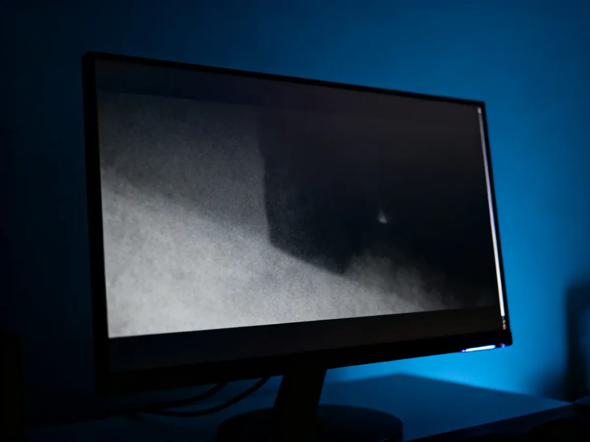 Monitor LCD wyświetlający ciemną scenę z widoczną szarawą czernią i lekkim podświetleniem krawędzi