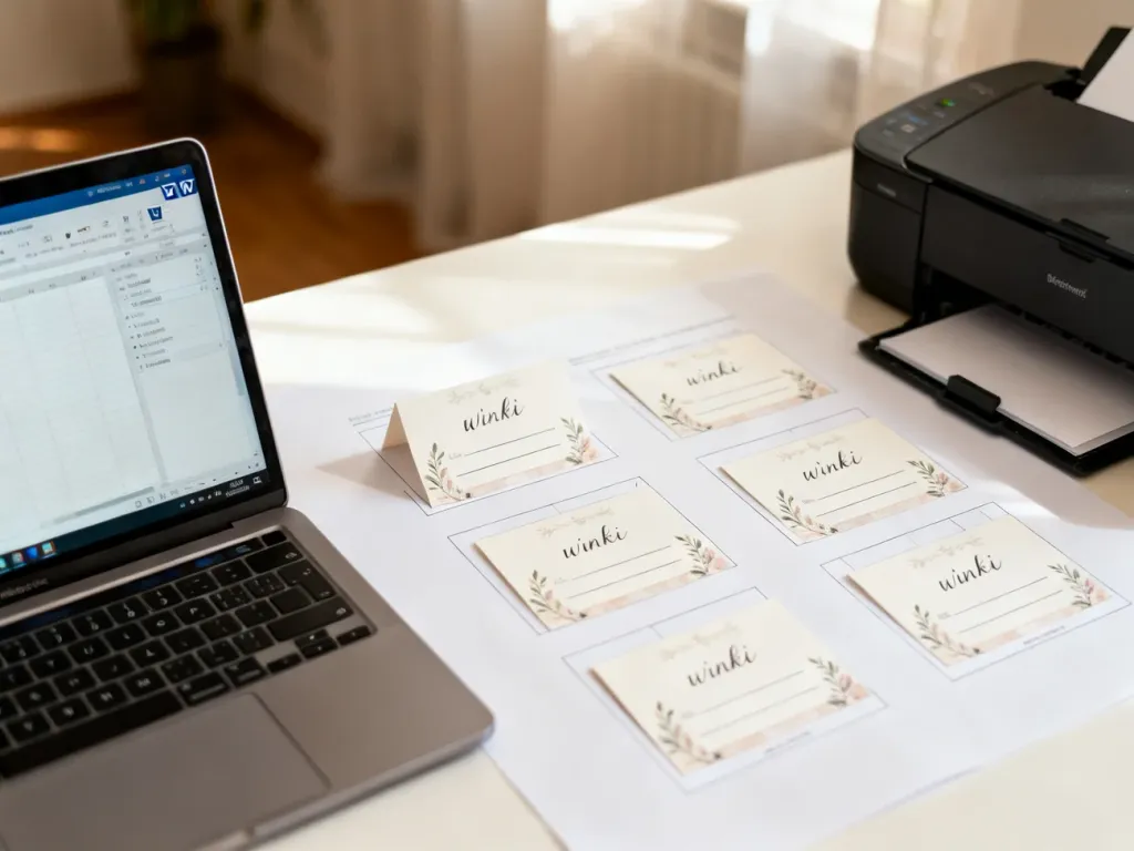 Eleganckie winietki przygotowane do druku w programie Word, ułożone na biurku obok laptopa i drukarki.