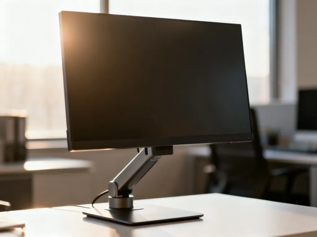 Ergonomiczne stanowisko pracy z monitorem ustawionym na odpowiedniej wysokości, wspierające prawidłową postawę kręgosłupa.