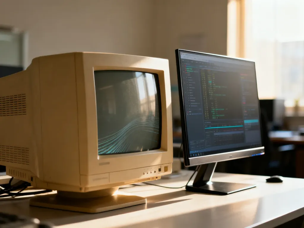 Porównanie masywnego monitora CRT z nowoczesnym, smukłym ekranem LCD, ukazujące ewolucję technologii wyświetlania obrazu.