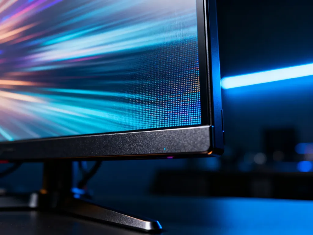 Zbliżenie na ekran monitora gamingowego podczas testu płynności obrazu, prezentujące ostrość ruchu w technologii MPRT.