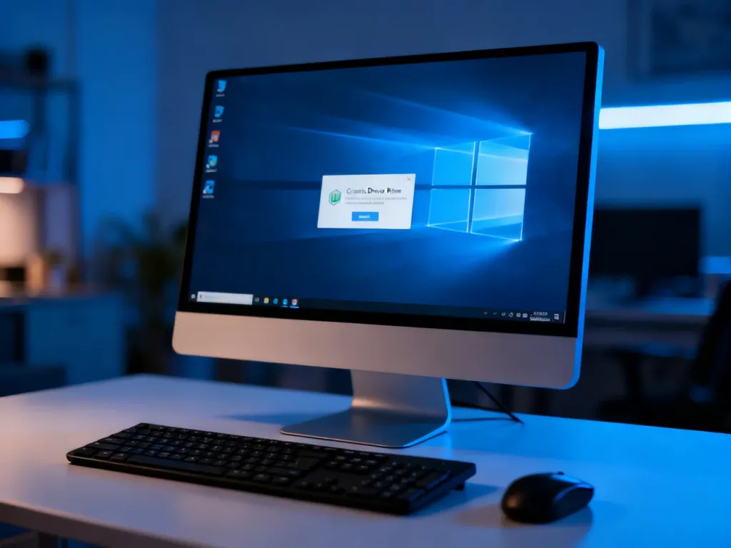 Monitor komputera z pulpitem Windows w domowym biurze, ilustrujący proces restartowania sterowników karty graficznej.