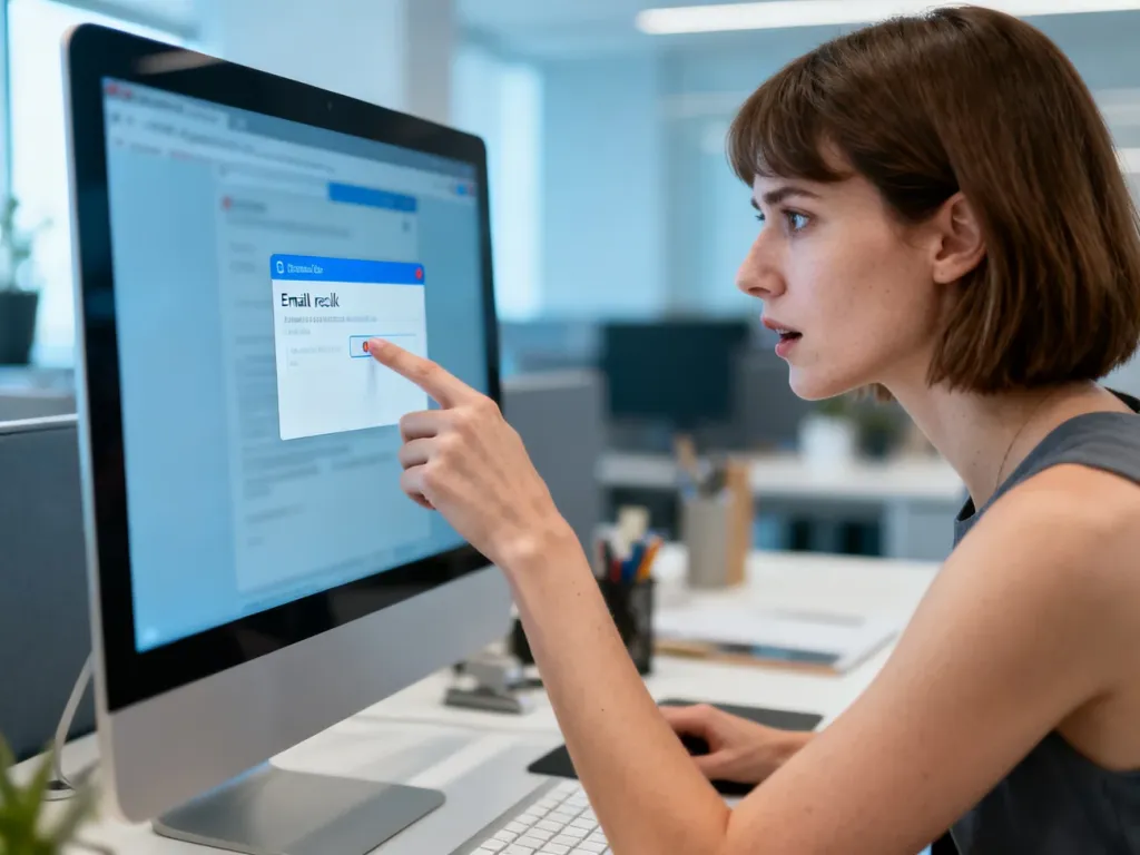 Kobieta w biurze w pośpiechu klika opcję wycofania wysłanej wiadomości e-mail na ekranie komputera.