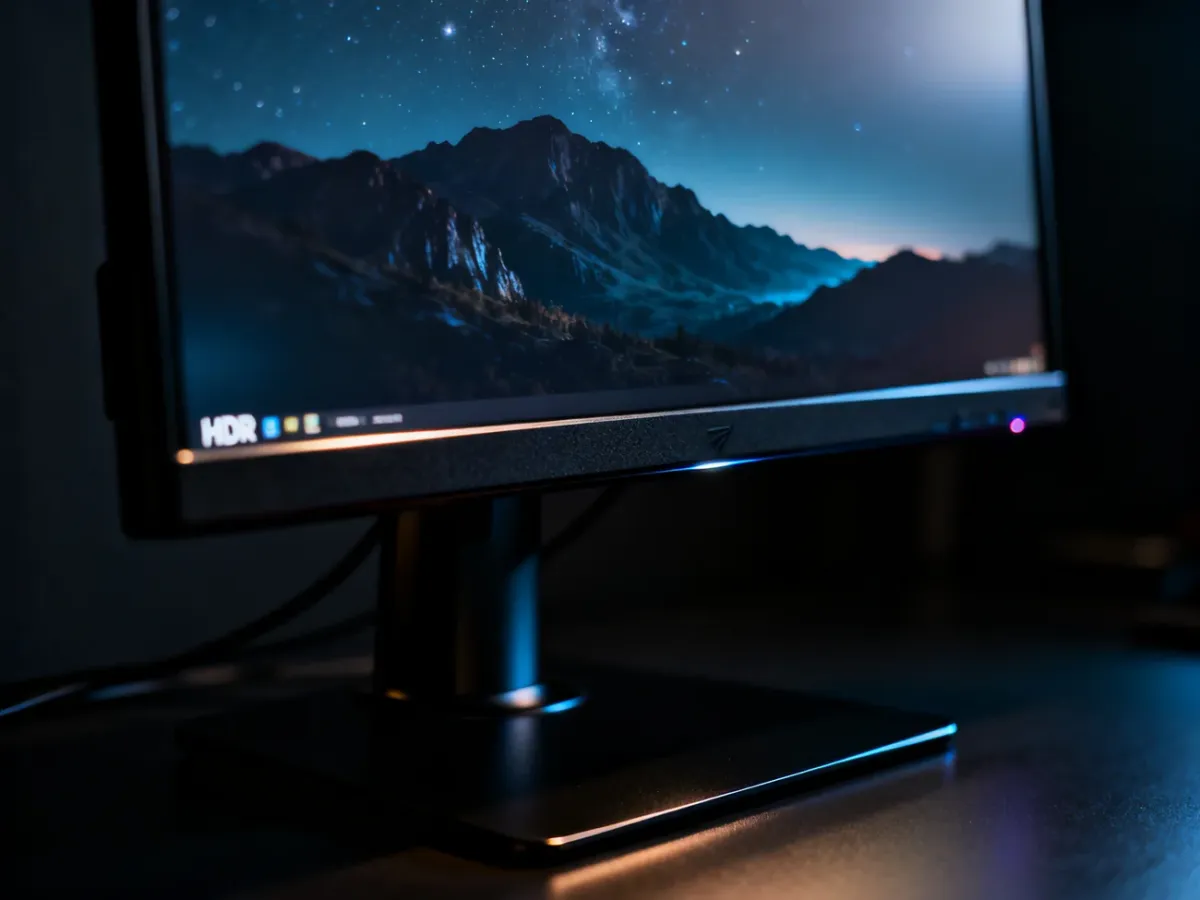Monitor gamingowy prezentujący scenę HDR z jasnymi światłami i głębokimi cieniami