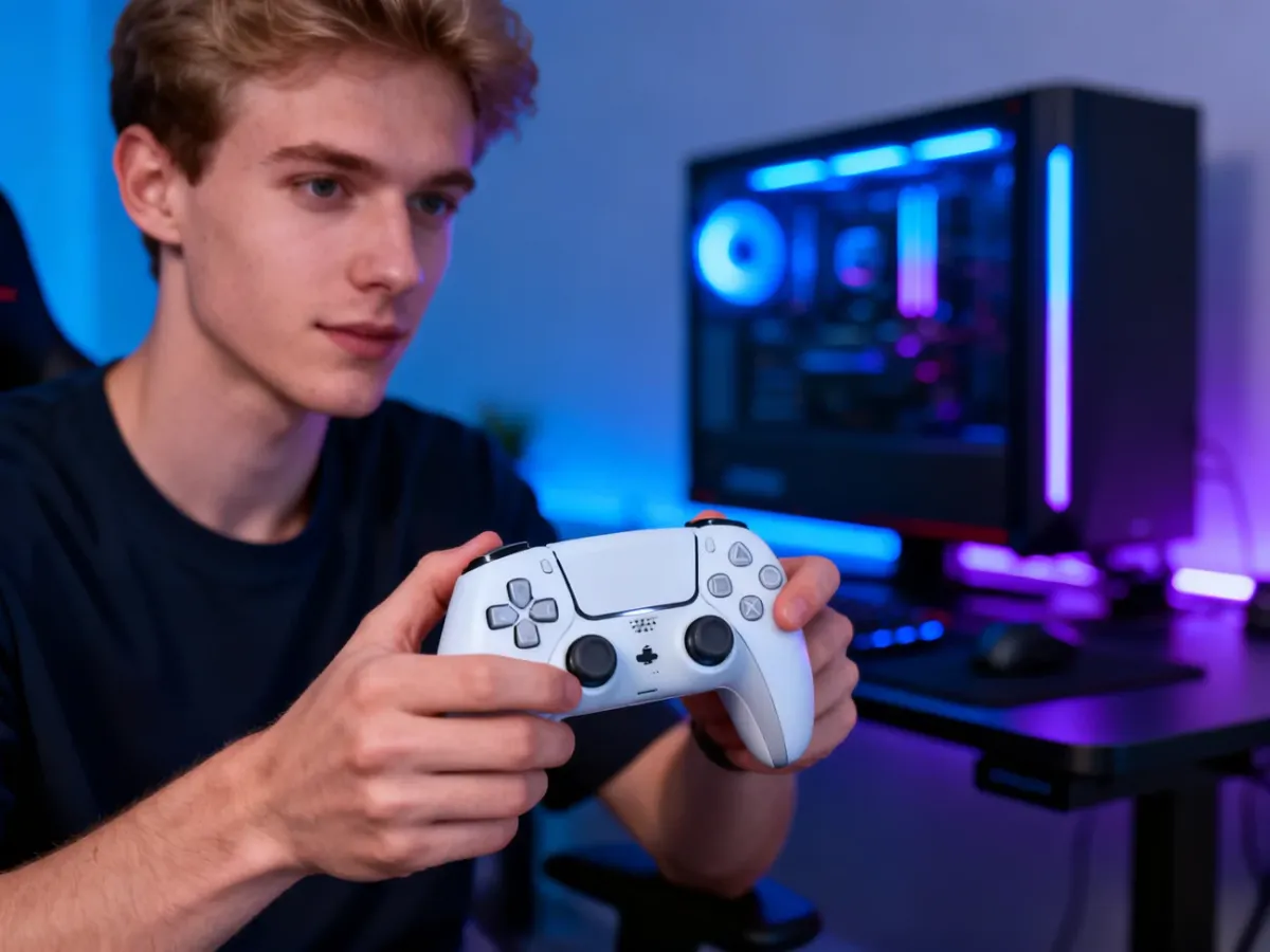Biały bezprzewodowy kontroler Xbox trzymany w dłoniach na tle stanowiska gamingowego z podświetleniem LED.