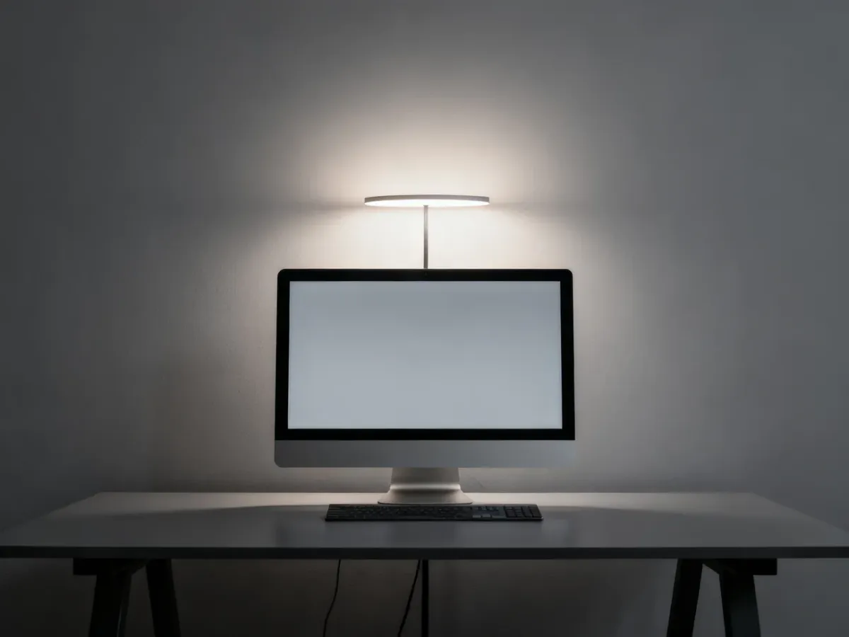 Stanowisko do obróbki zdjęć z lampą oświetlającą ścianę za monitorem