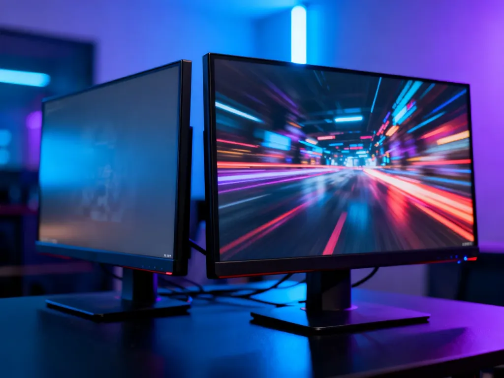 Porównanie dwóch monitorów: lewy z rozmytym obrazem 60 Hz oraz prawy z płynnym i wyraźnym ruchem w 144 Hz.
