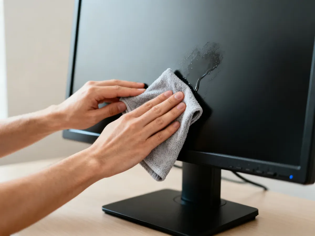 Delikatne przecieranie wyłączonego monitora wilgotną mikrofibrą