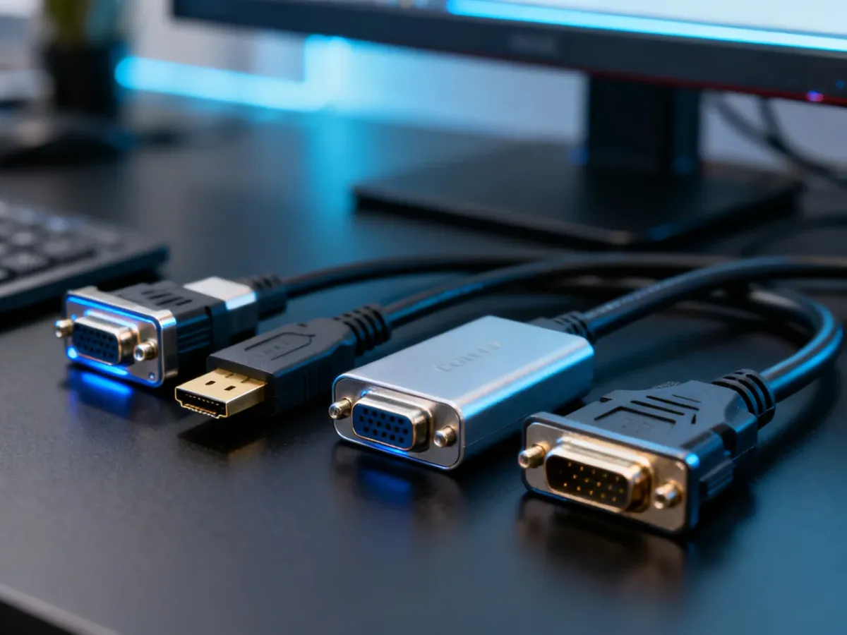 Zestaw różnych kabli i przejściówek wideo, takich jak HDMI, DisplayPort, DVI i VGA, ułożonych na biurku.