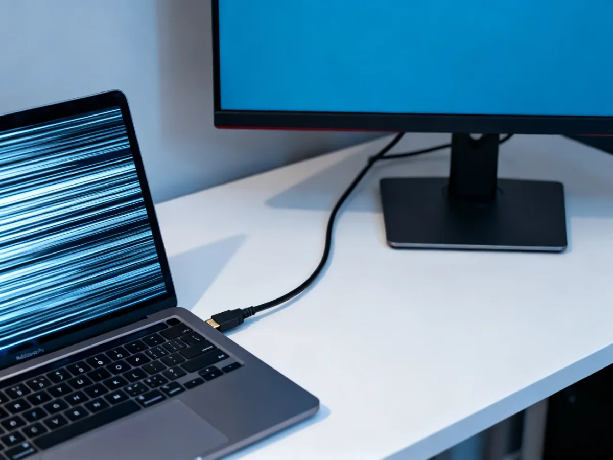 Laptop z zakłóconym ekranem podłączony do monitora zewnętrznego wyświetlającego prawidłowy obraz