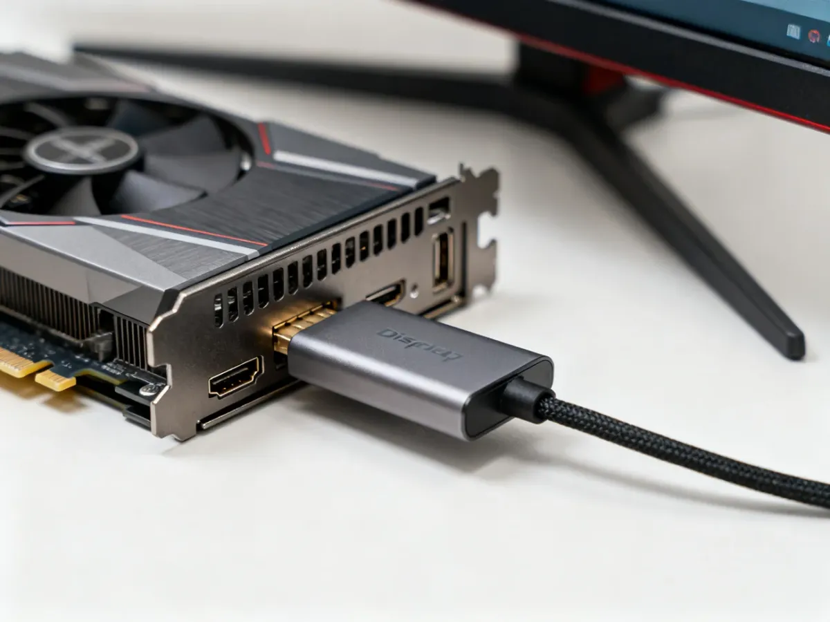 Adapter DisplayPort do HDMI podłączony między kartą graficzną a monitorem