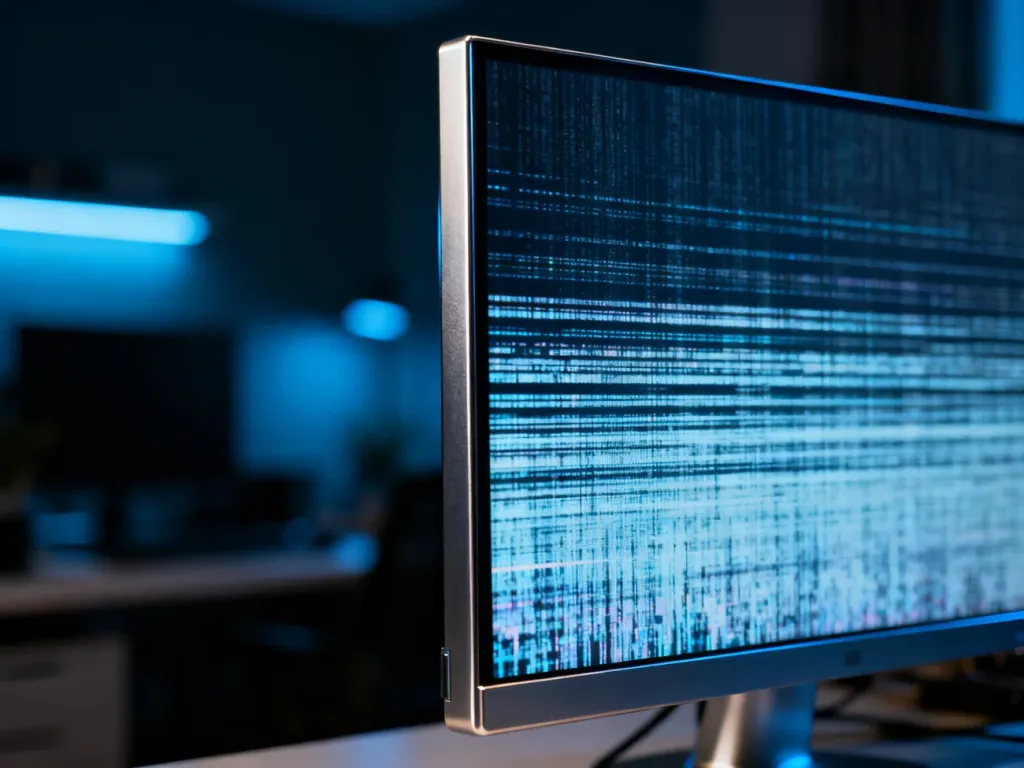 Monitor komputerowy z widocznymi zakłóceniami obrazu i efektem migotania ekranu.