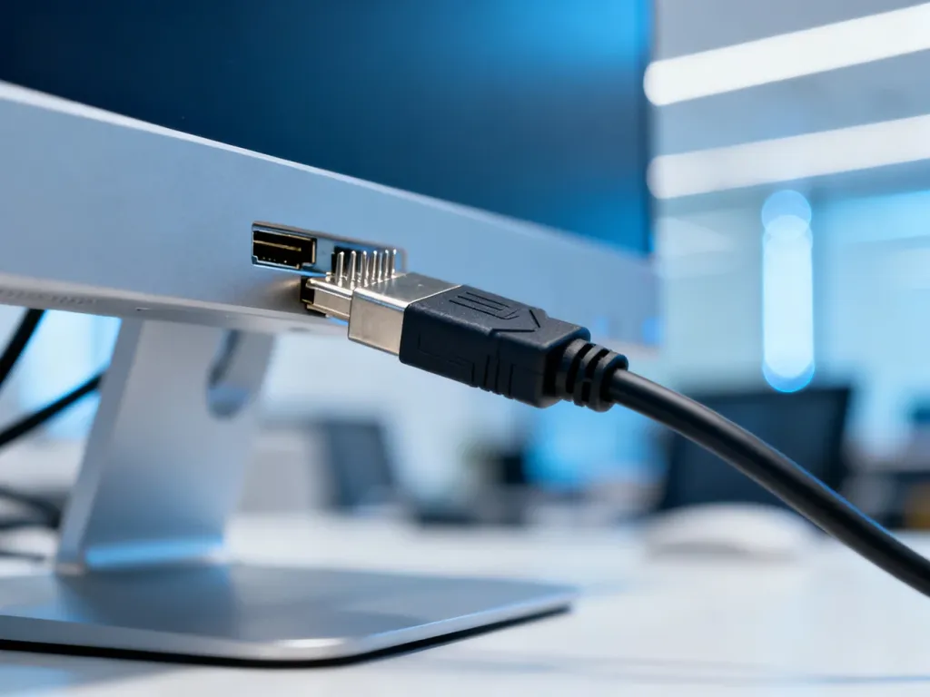Złącze kabla DisplayPort wpinane do nowoczesnego monitora komputerowego. Profesjonalne ujęcie typu makro.