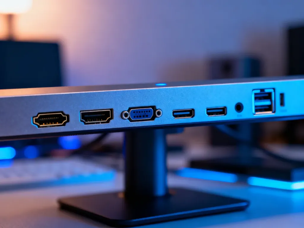 Zbliżenie na nowoczesne porty wideo HDMI, DisplayPort oraz USB-C w obudowie monitora w profesjonalnym, technicznym stylu.